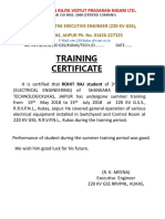 Training Certificate: Office of The Executive Engineer (220 KV GSS) KUKAS, JAIPUR Ph. No. 01426-227325