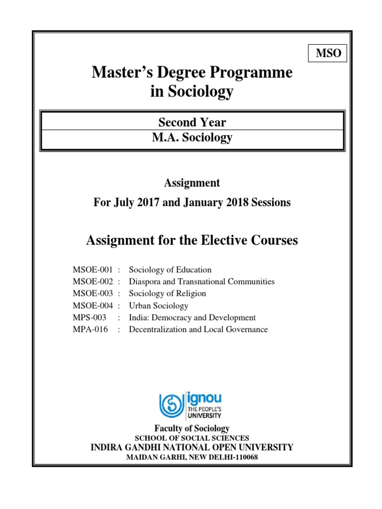 Master's Degree Programme in Sociology Assignment For The Elective