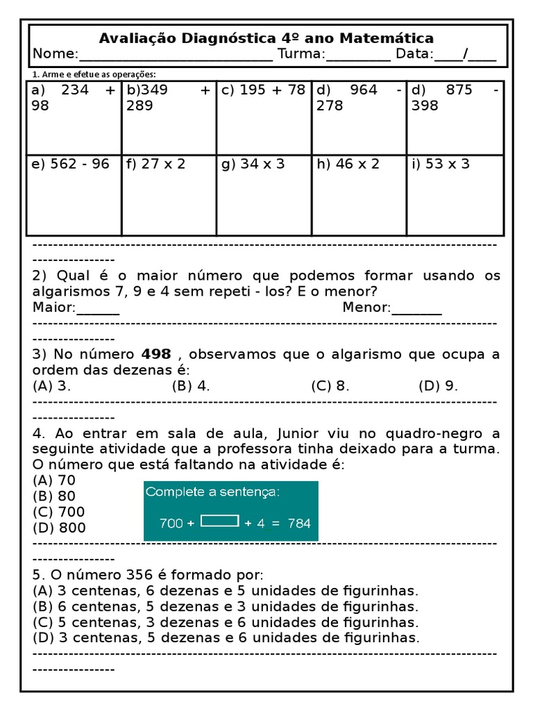 Avaliação Diagnostica 4º Ano | PDF | Ensino de Matemática | Lazer