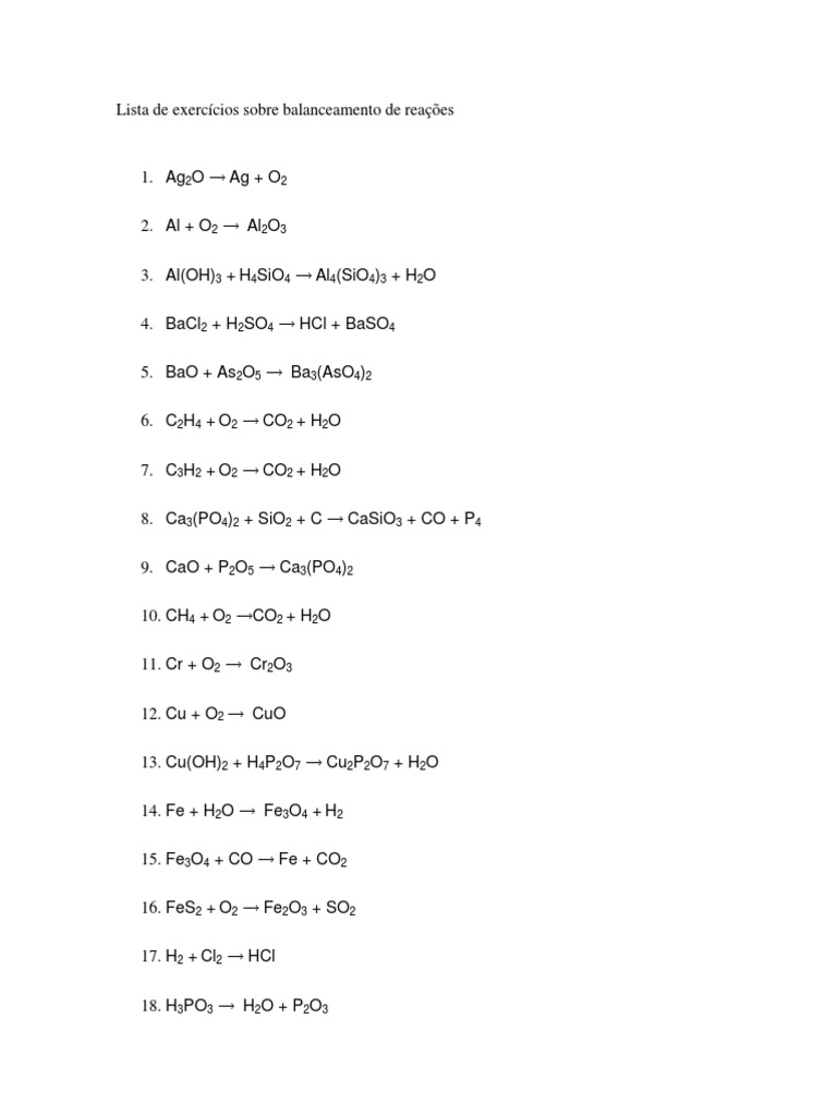 Lista De Exercícios De Balanceamento Químico Com Gabarito