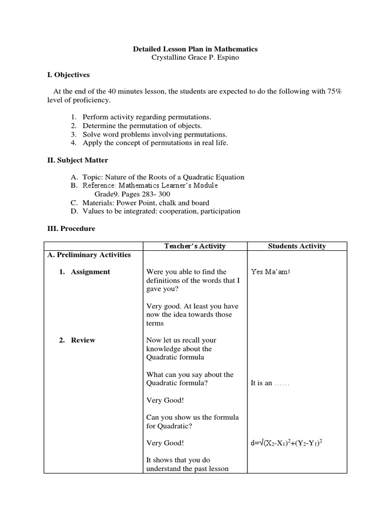 Grade 10 Permutations Lesson Plan | PDF | Permutation | Quadratic Equation