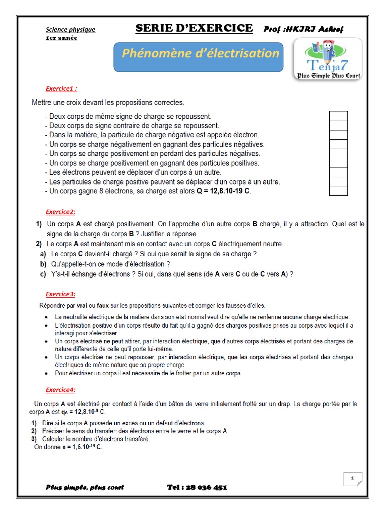 Phénomène d'Électrisation - Exercices 1ère Année