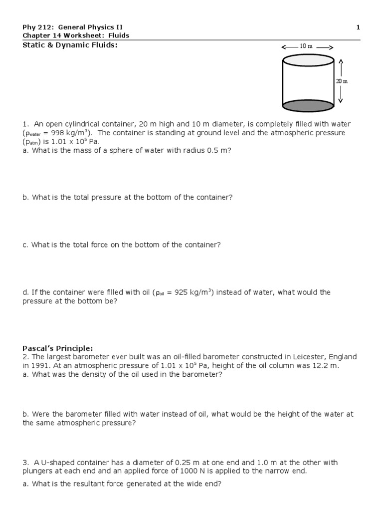 Fluid Statics and Dynamics Worksheet | PDF | Buoyancy | Pressure