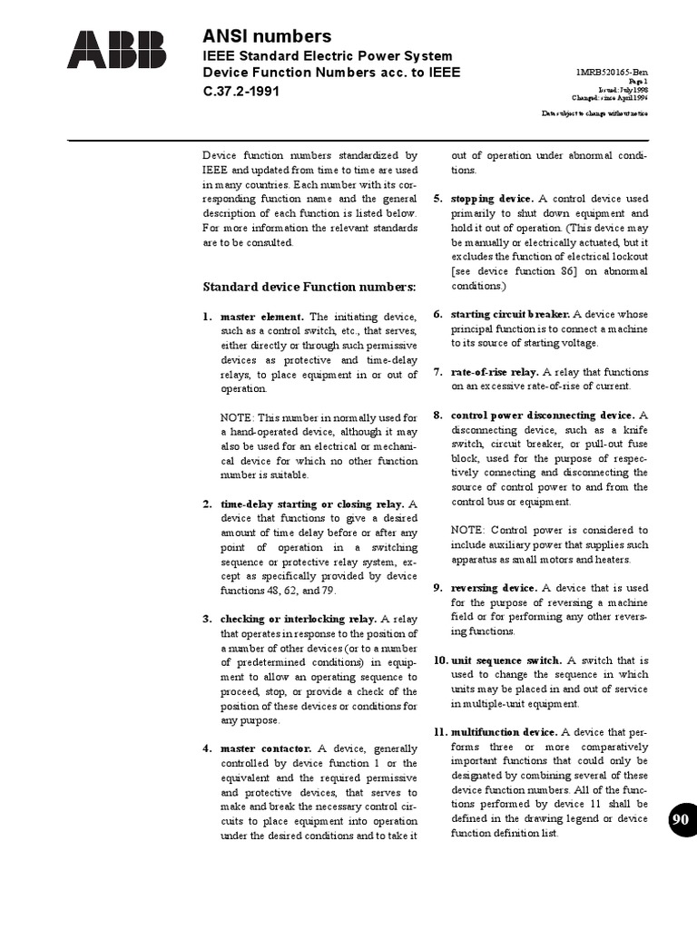 ANSI Numbers: IEEE Standard Electric Power System Device Function ...