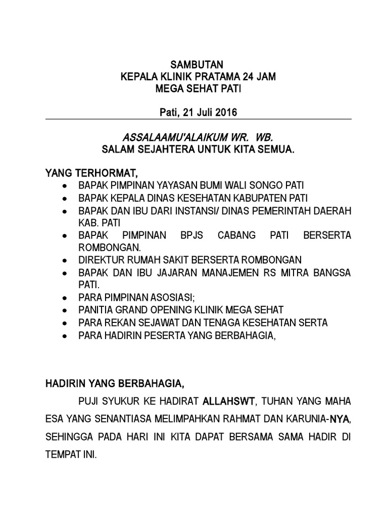 Sambutan Kepala Klinik Mega Sehat