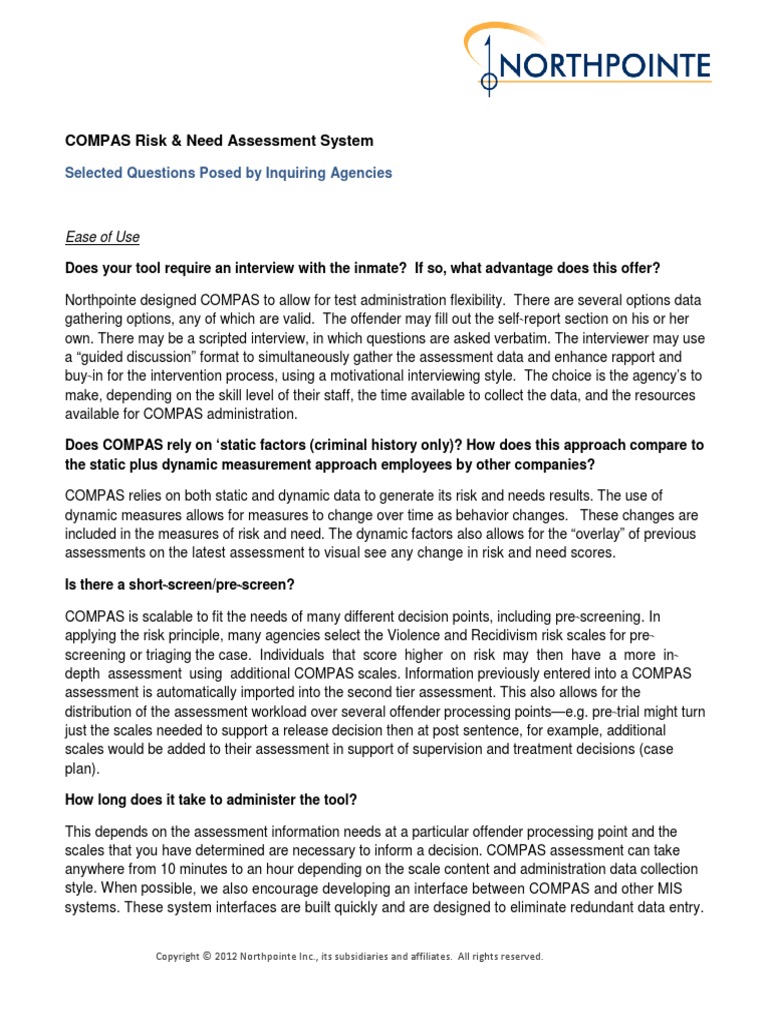 COMPAS Risk & Need Assessment System: Selected Questions Posed by ...