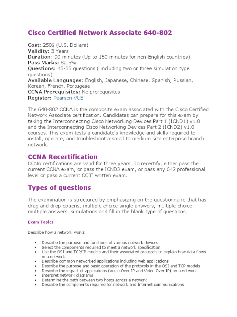 Cisco Certified Network Associate 640802 Pearson VUE Download Free