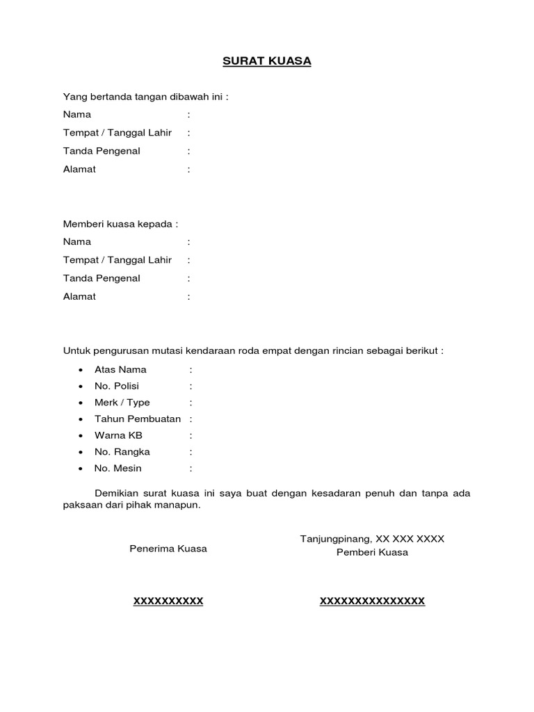 Contoh Surat Kuasa Mutasi Mobil SITI NURHIDAYANTI Alamat.