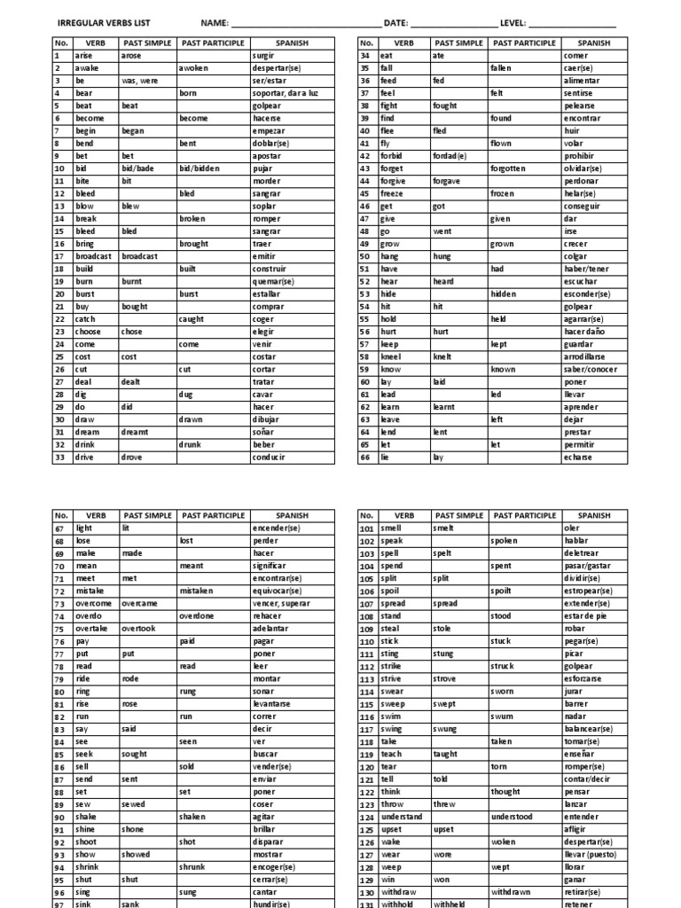 Irregular Verbs List with Spanish Translations | PDF | Syntax | Morphology