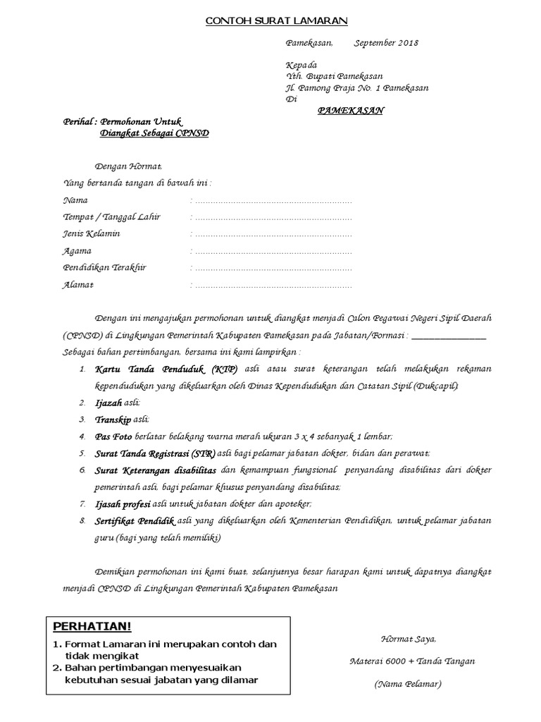 Contoh Surat Lamaran Cpns 2018 Doc