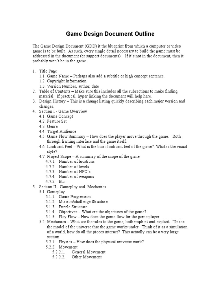 Game Design Document Outline PDF Game Design Artificial Intelligence