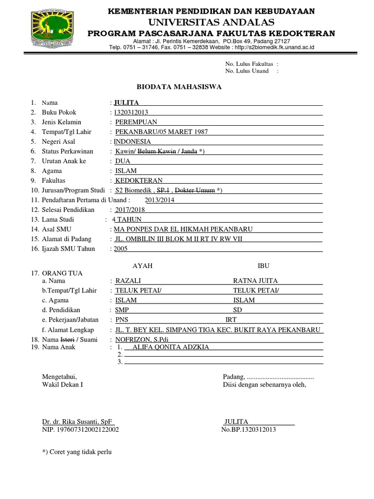 Biodata Wisudawan S2 Biomedik Juliata | PDF