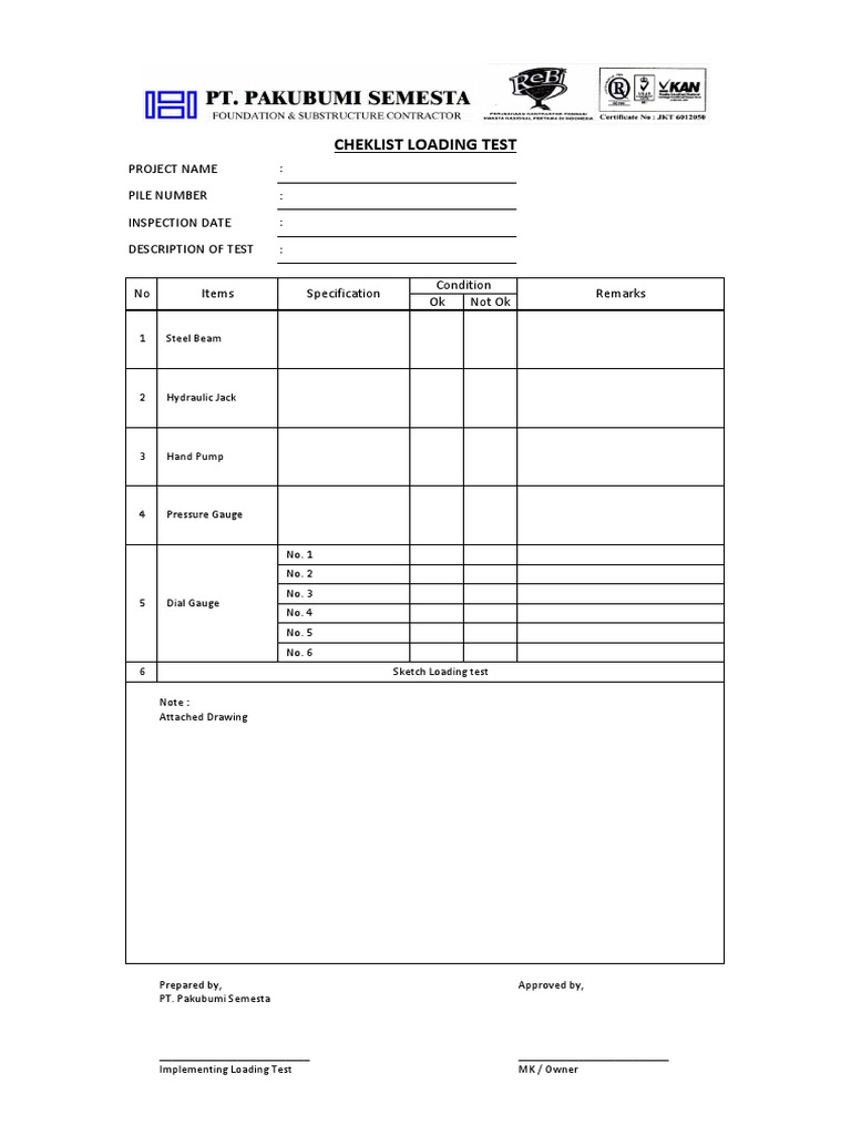 Loading Test Inspection Checklist | PDF | Technology & Engineering