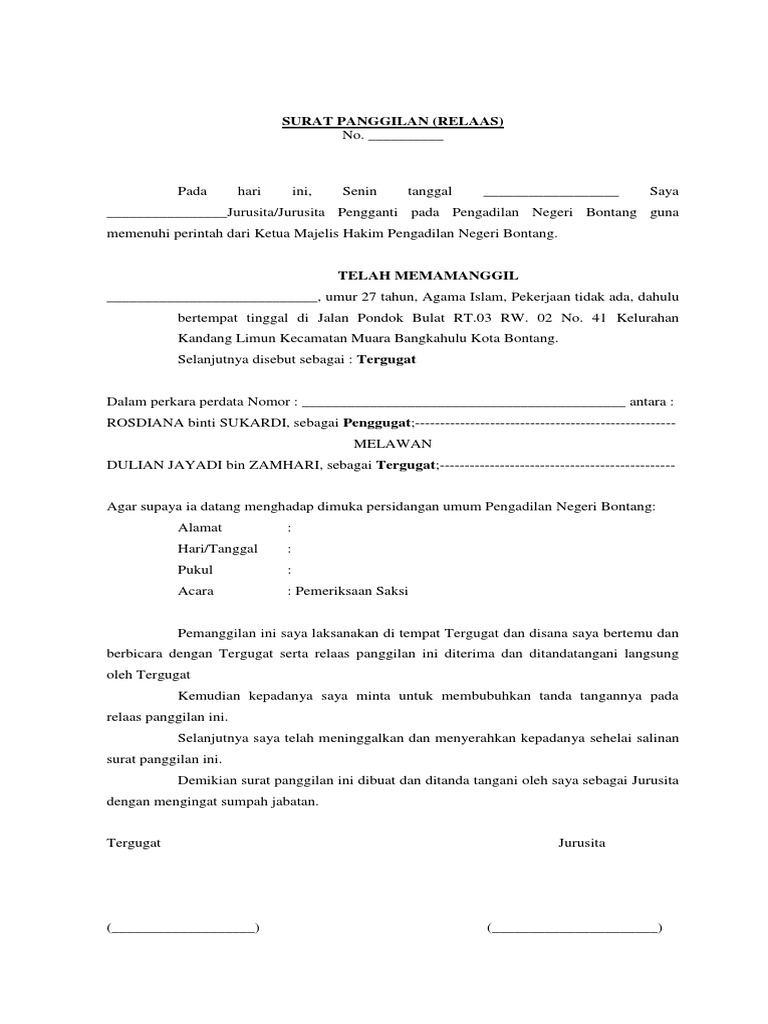 Contoh Relaas Pemanggilan