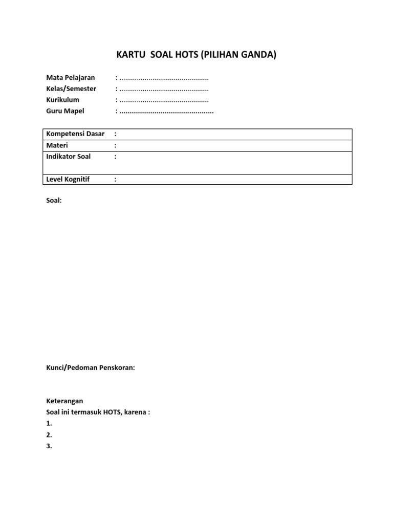 4 Format Kartu Soal Hots Pg