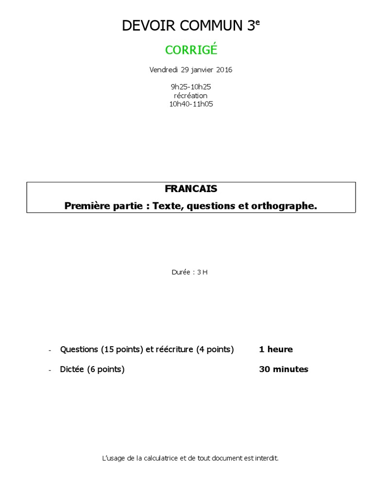 Devoir Commun Français 5ème Pdf Avec Correction Devoir Commun Janvier 2016 3e - Corrige PDF | PDF | Linguistique | Langues