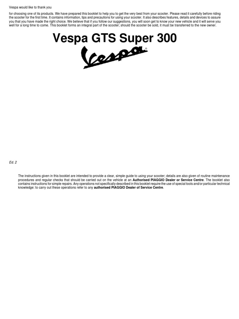 Vespa GTS300 Super Owners Manual | PDF | Tire | Clutch