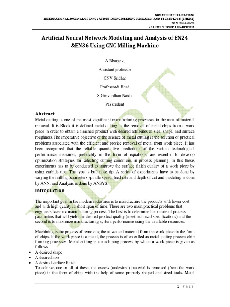 Artificial Neural Network Modeling and Analysis of EN24 &EN36 Using CNC ...