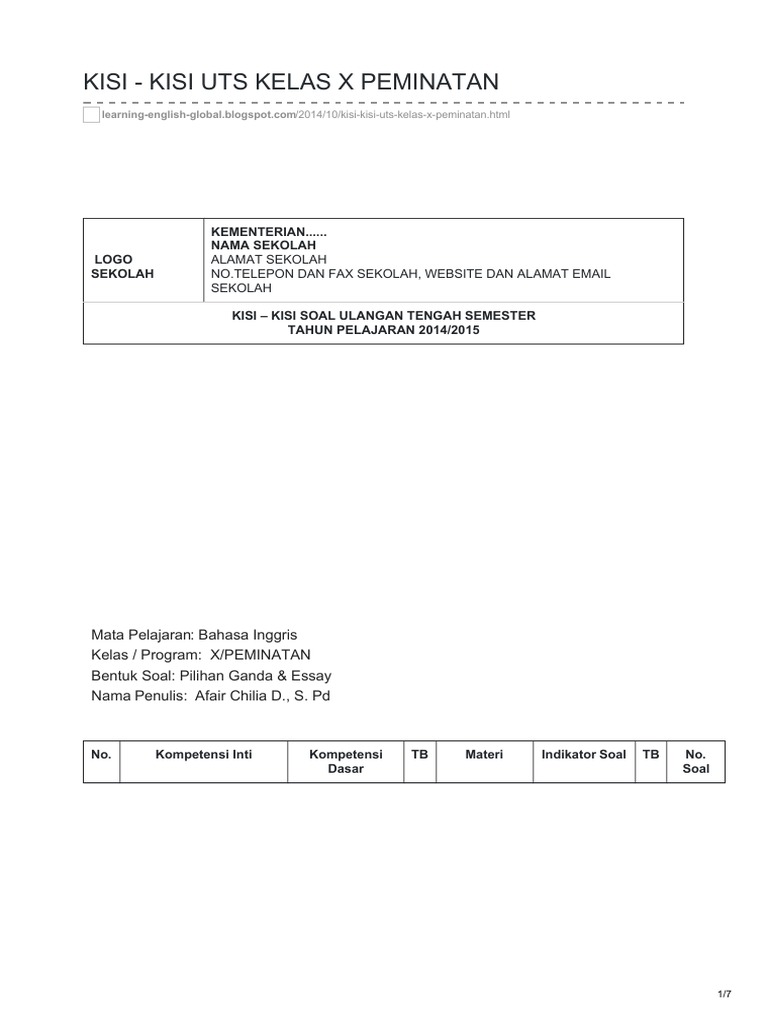 Kisi Kisi Soal Bahasa Inggris Peminatan Kelas X