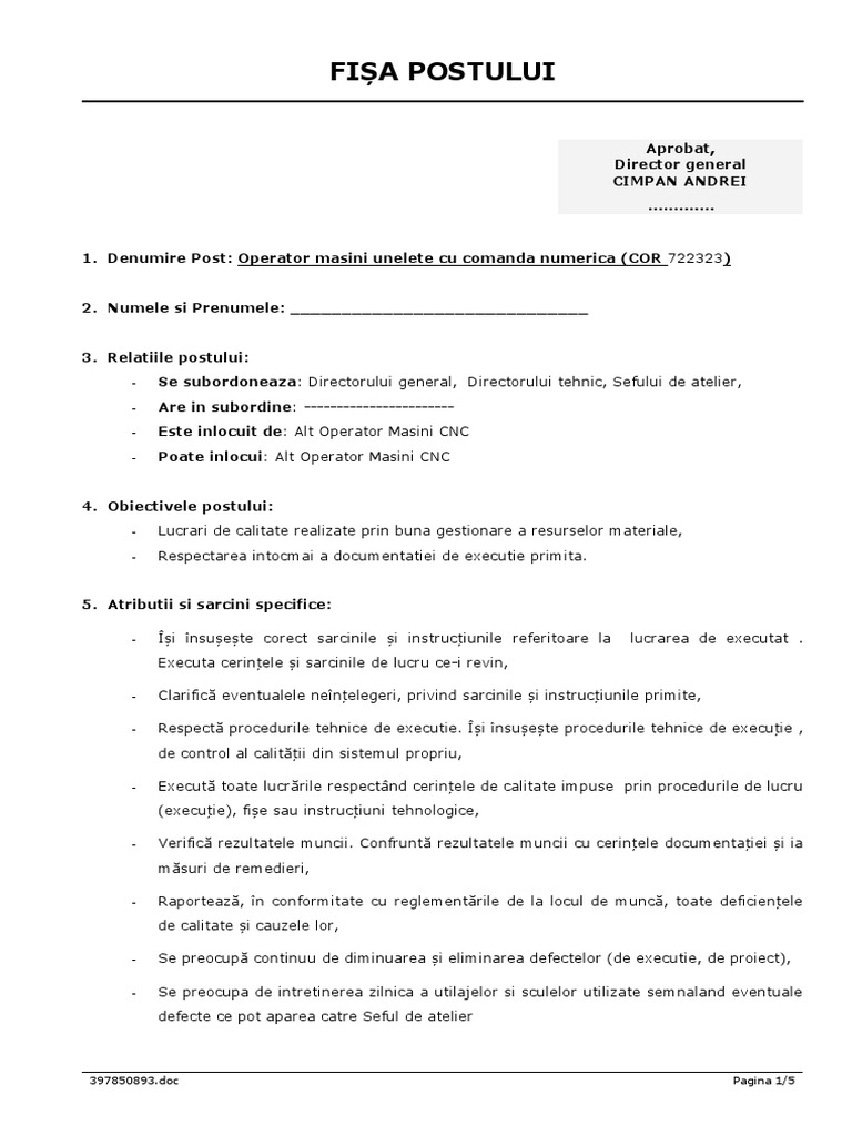 FISA POST - Operator Masini CNC | PDF