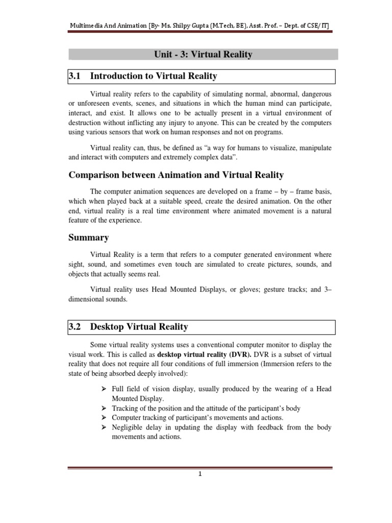 Unit - 3: Virtual Reality 3.1 Introduction To Virtual Reality | PDF ...
