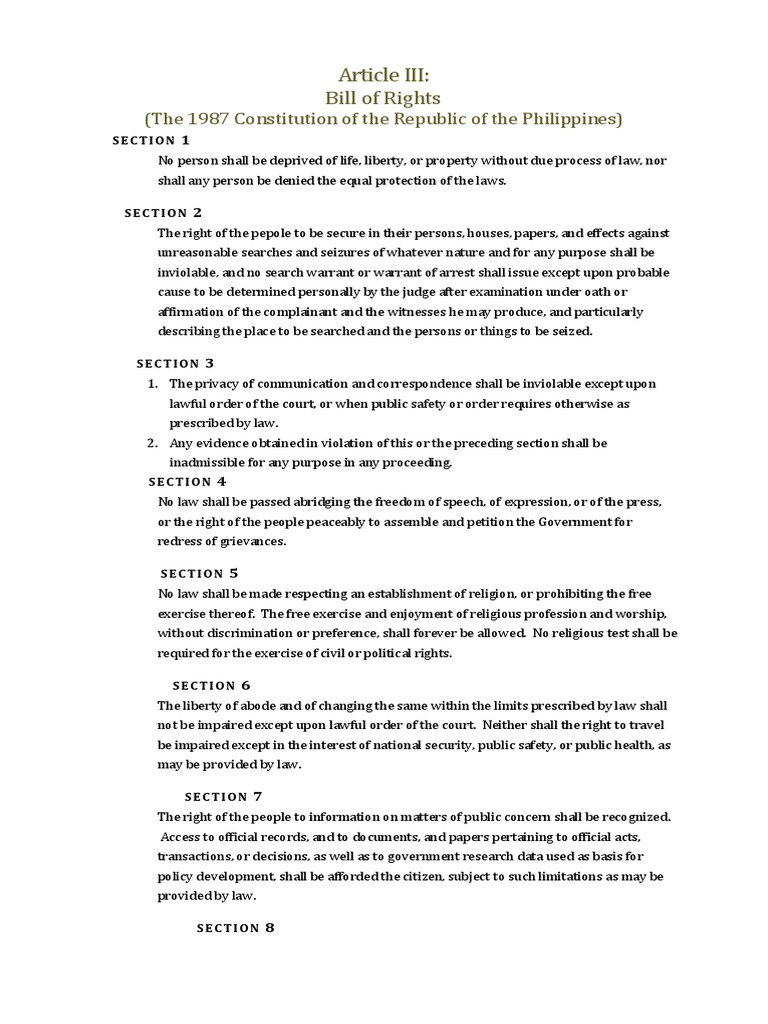 Philippine Bill of Rights protections under 1987 Constitution | PDF ...