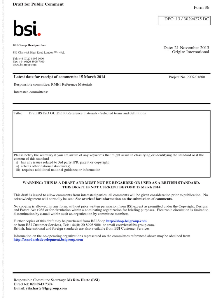 (PD ISO GUIDE 30) - Reference Materials. Selected Terms and Definitions ...