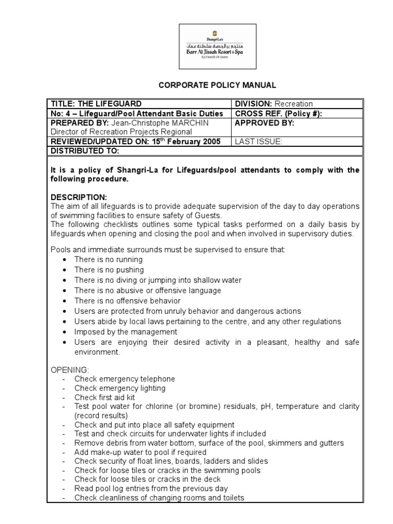 Lifeguard and Pool Attendant Duties | PDF | Swimming Pool | Nature