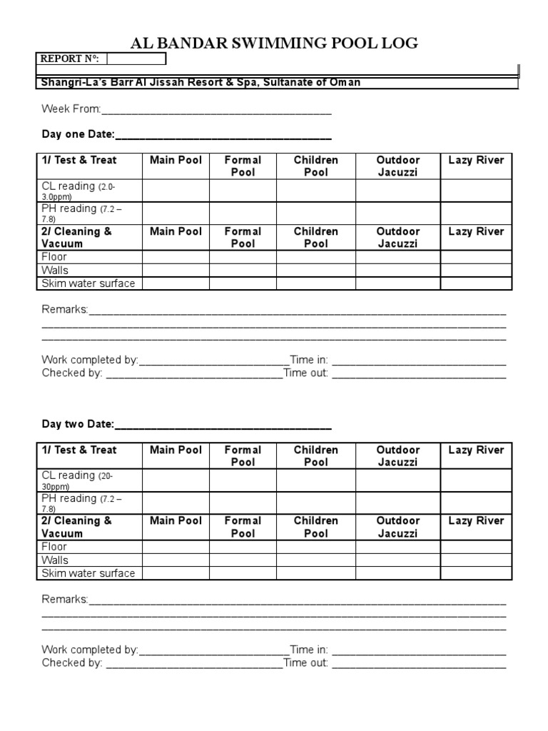 Weekly Swimming Pool Maintenance Log | PDF | Swimming Pool | Water Sports