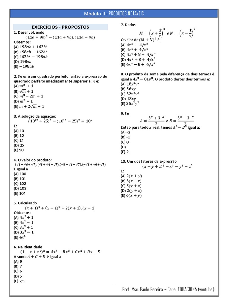 Produtos Notáveis - Exercícios | Ensino de Matemática | Objetos Matemáticos