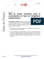 Nota de Prensa Aclaratoria Sobre La Escolarización de Hijos de Trabajadores Transfronterizos.