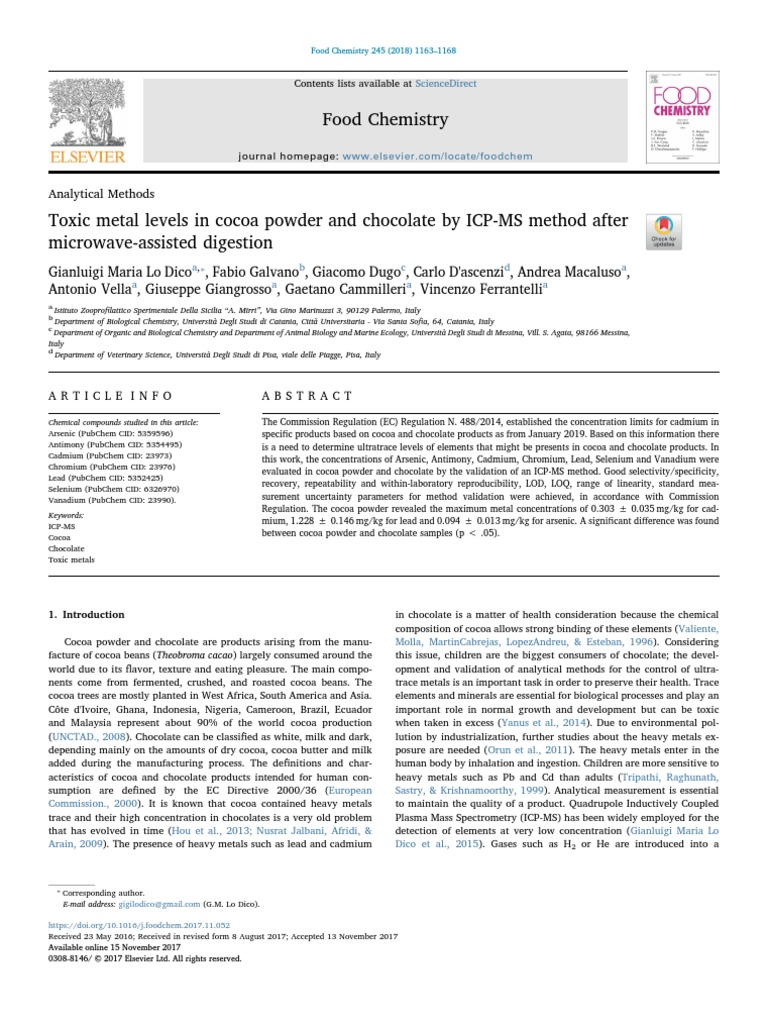 Fresh Look at Toxic Metal Levels In Cocoa Powder And Chocolate By Icp