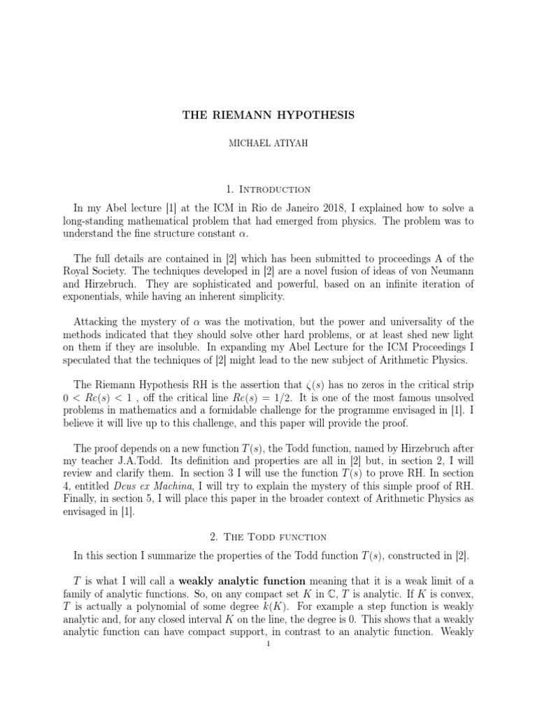 2018The Riemann Hypothesis Conjecture Analytic Function