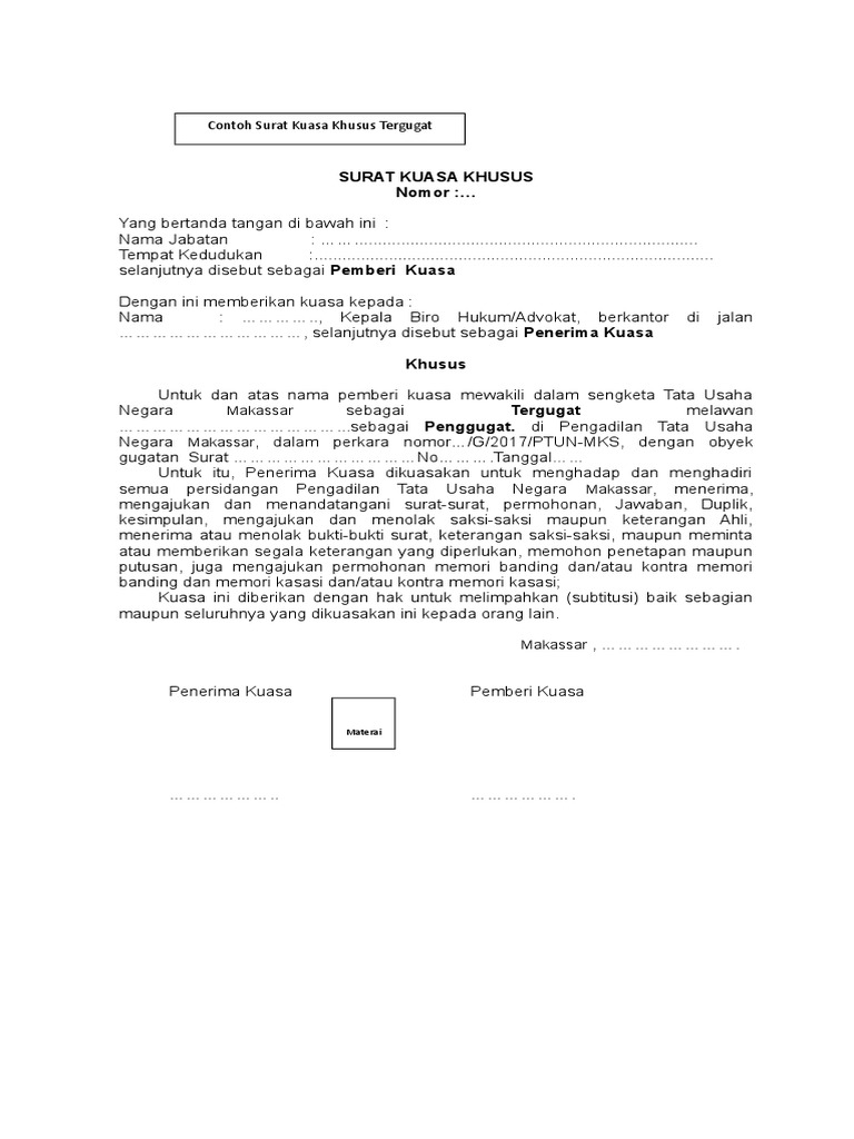 Contoh Surat Kuasa Khusus Tergugat - SuratMenyurat.net