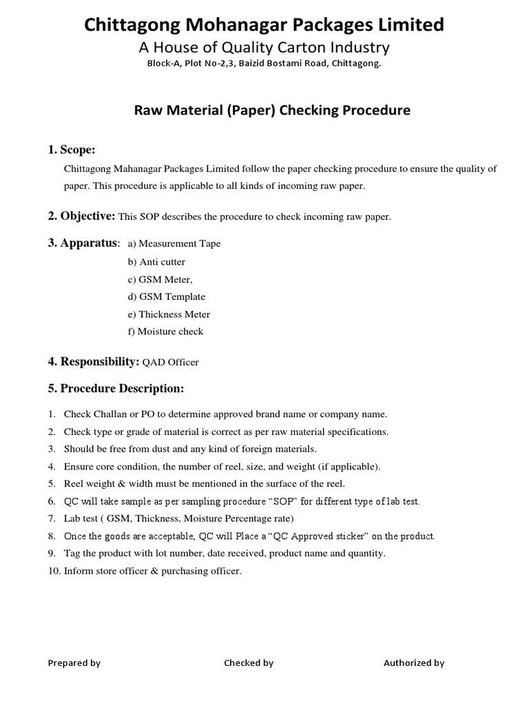 Raw Material Inspection Procedure Paper Nature