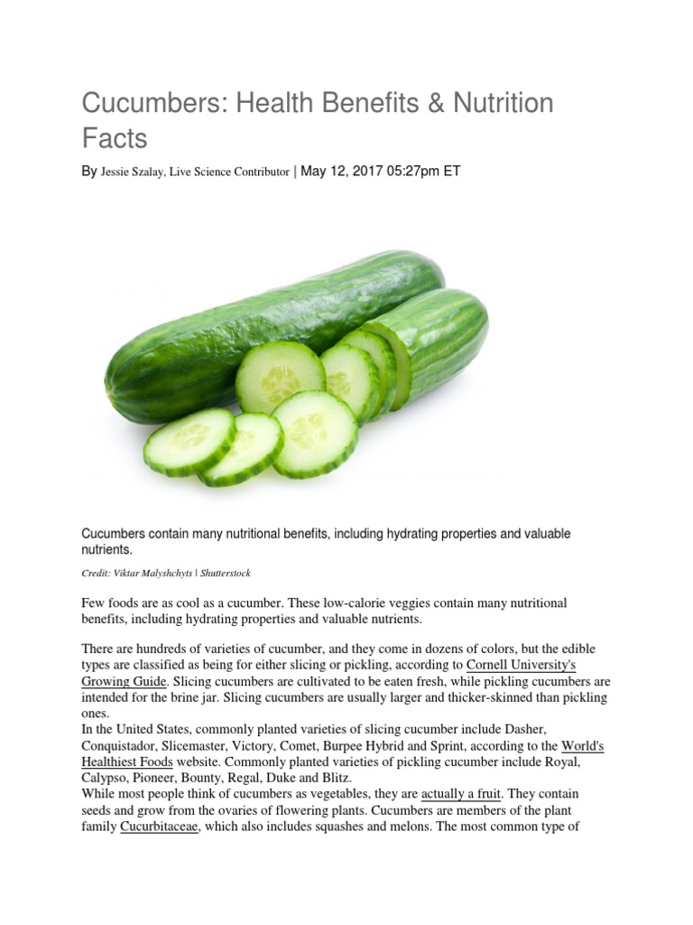 Health Benefits of Cucumbers PDF Pickled Cucumber Nutrition Facts