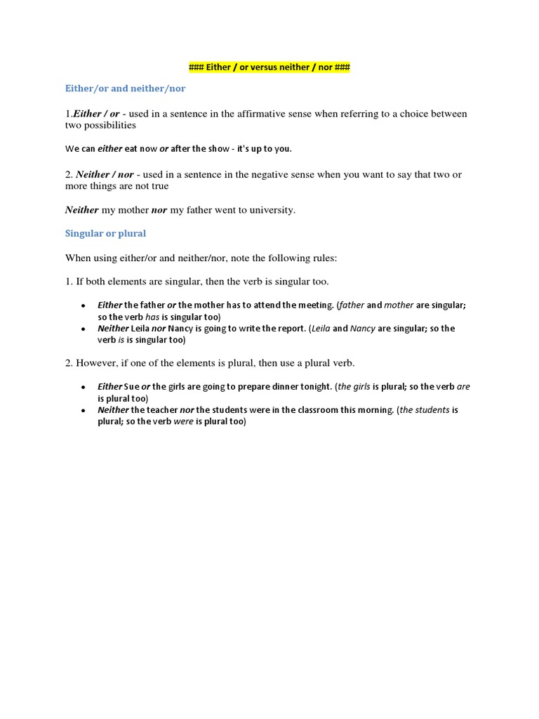 Grammar Guide: Either/Or vs. Neither/Nor | PDF | Language Arts & Discipline