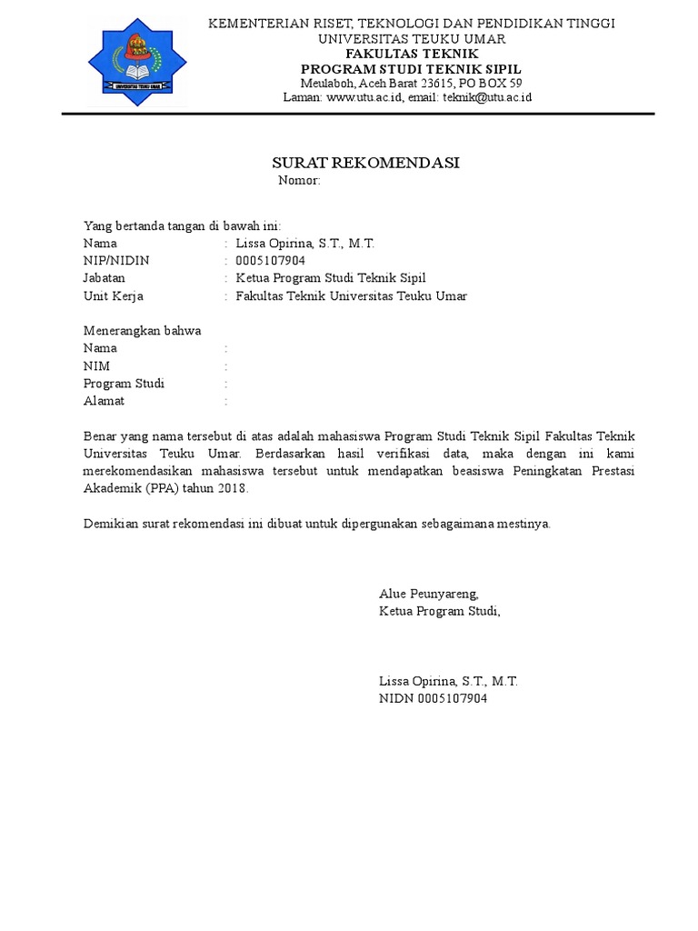 Surat Rekomendasi Beasiswa Ppa 2018