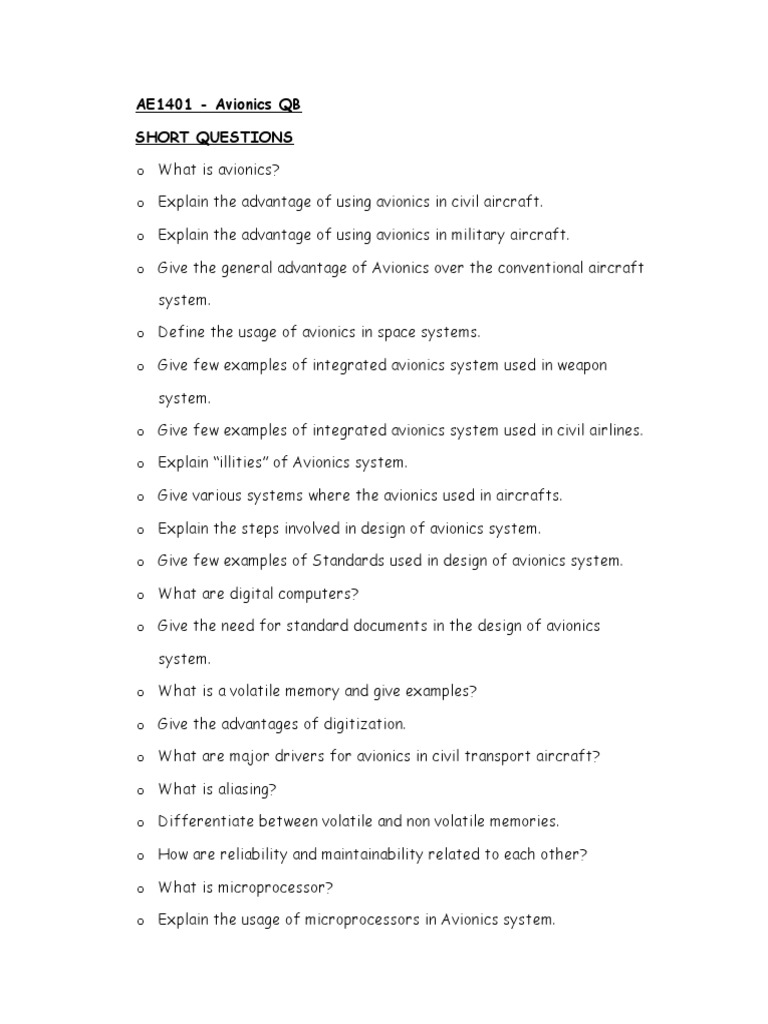 AE1401 Avionics QB Short Questions PDF Avionics Aviation
