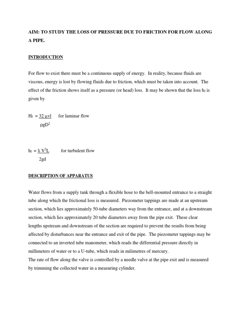 An Experimental Study of Pressure Loss Due to Friction in Laminar and ...