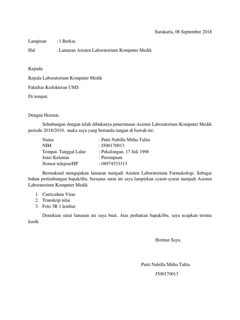 Surat Lamaran Asisten Dosen Laboratorium Komdik | PDF