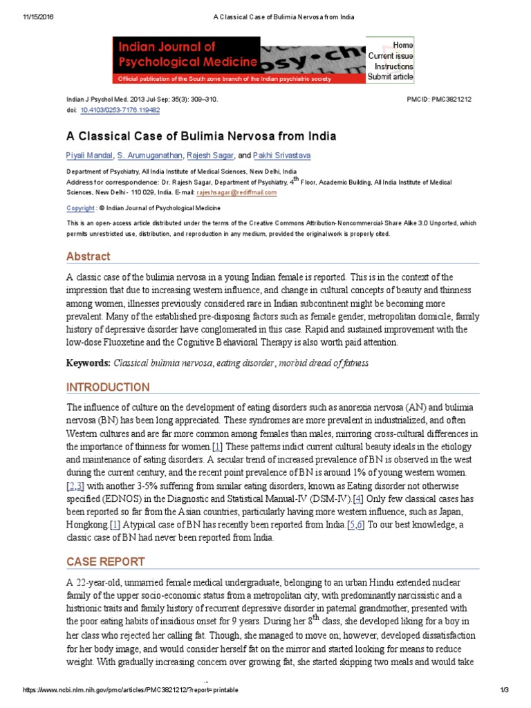 Case Study A Classical Case of Bulimia Nervosa From India PDF