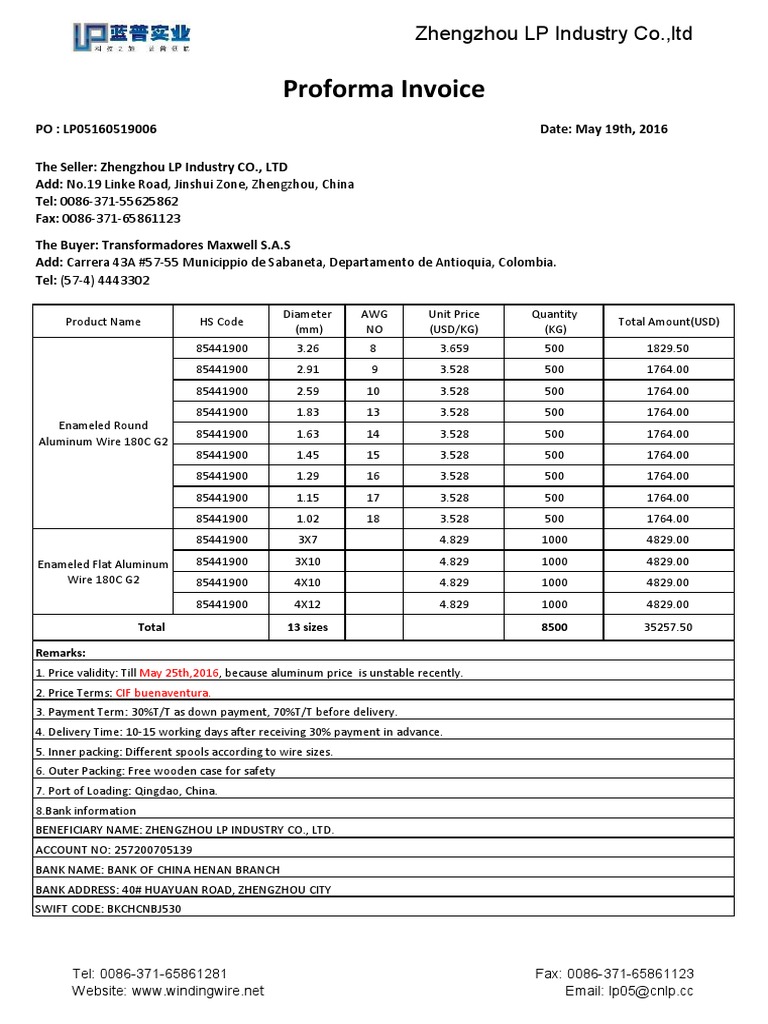 Proforma Invoice for Aluminum Wire | PDF