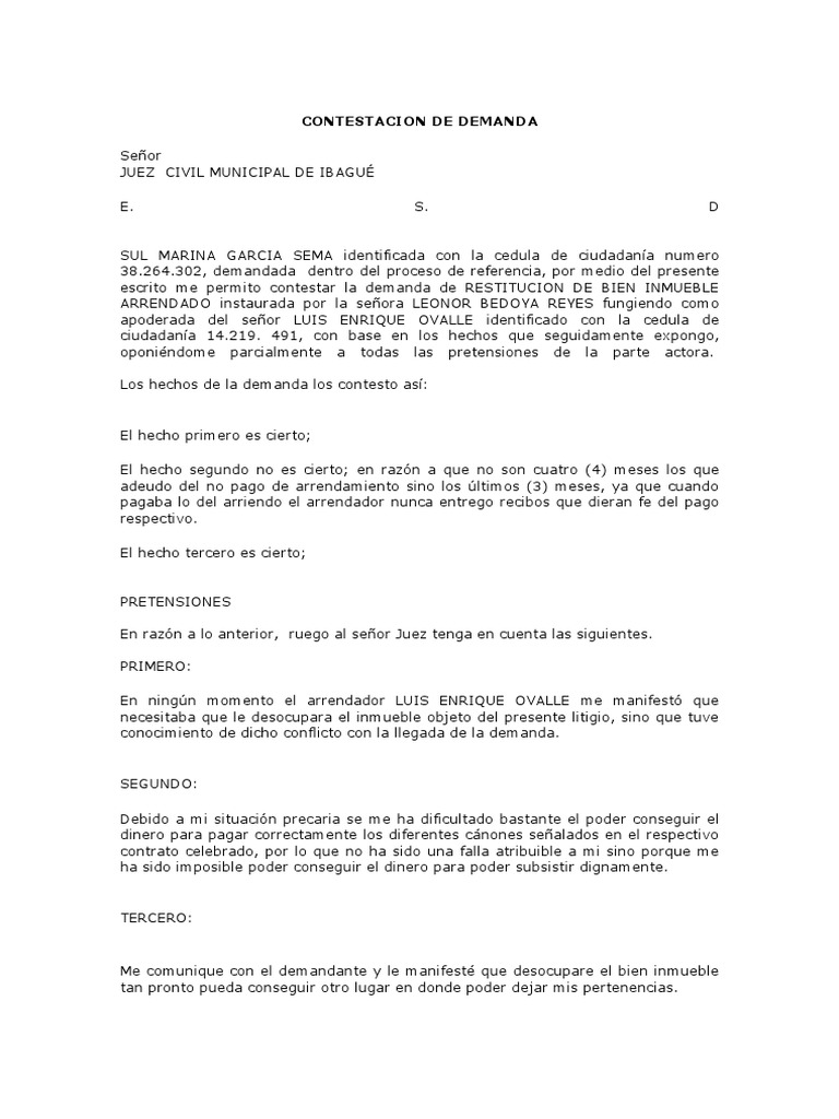 Contestación a Demanda de Restitución | PDF | Demanda judicial | Gobierno