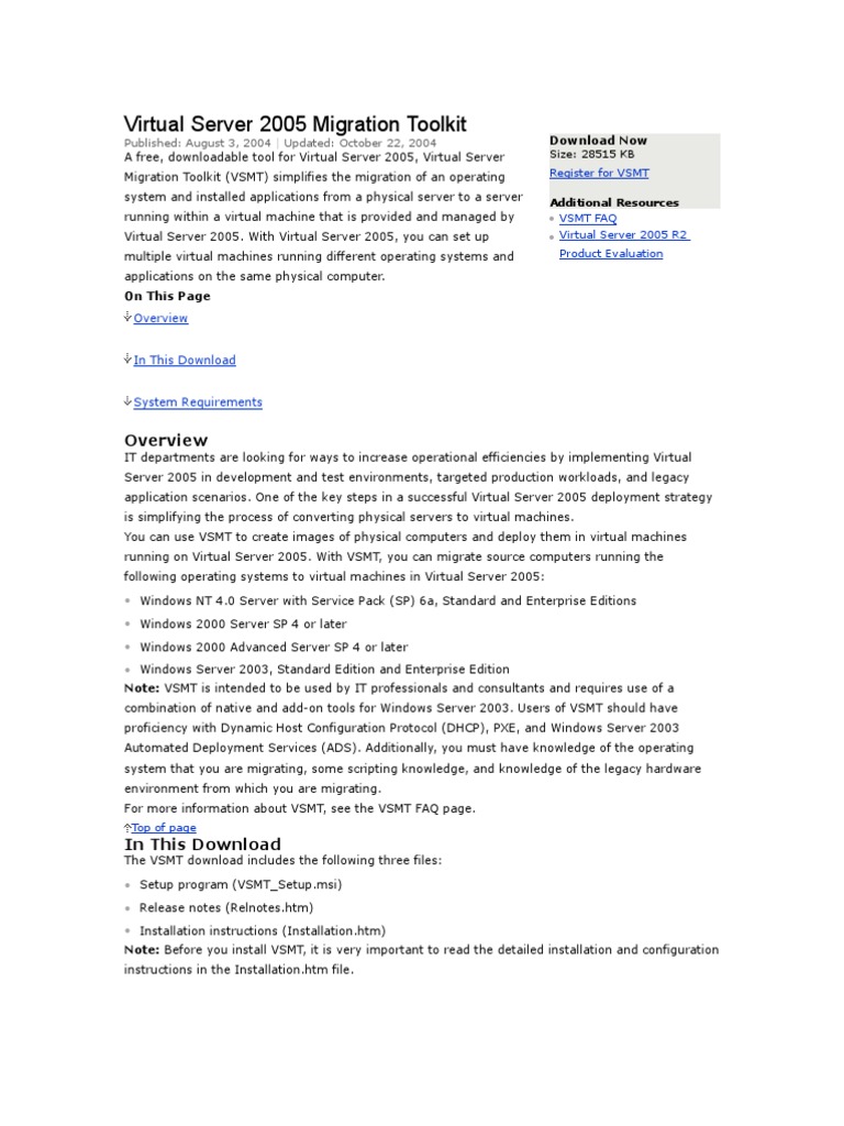 Virtual Server 2005 Migration Toolkit | PDF | Virtual Machine | Windows ...