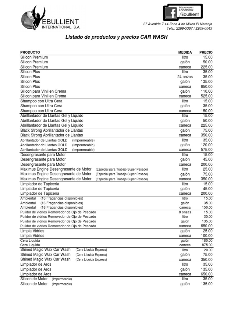 Ebullient Car Wash Listado de Productos y Precios 2018 (2) Unidades