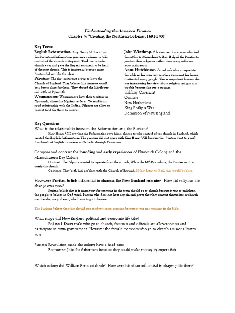 Chapter 4: "Creating The Northern Colonies, 1601-1700" Key Terms ...