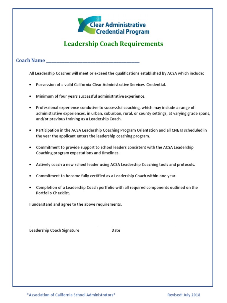 Leadership Coach Requirements PDF