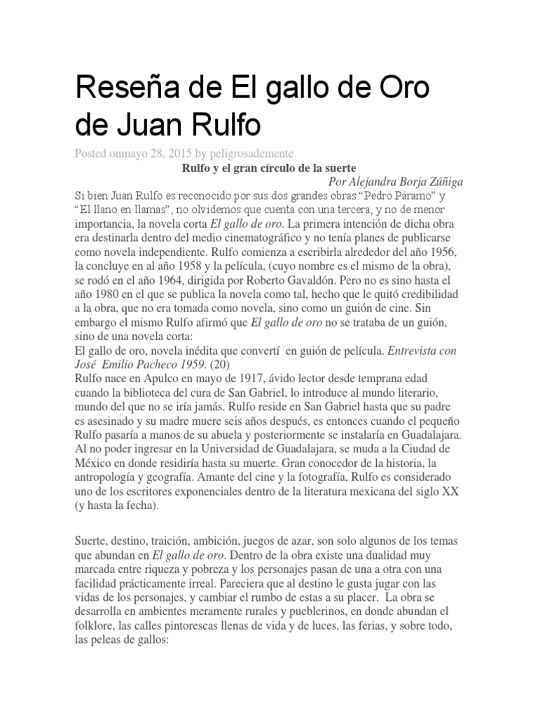 Reseña De El Gallo De Oro De Juan Rulfo Pdf