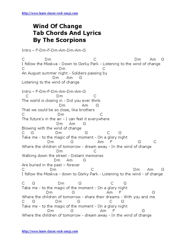 Wind Of Change Tab Chords And Lyrics By The Scorpions